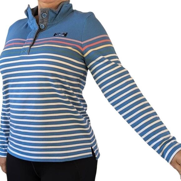 L.L. BEAN Coastal Stripes 1/4 Button Long Sleeve Rugby Pullover Sweatshirt Sz L - Picture 4 of 7